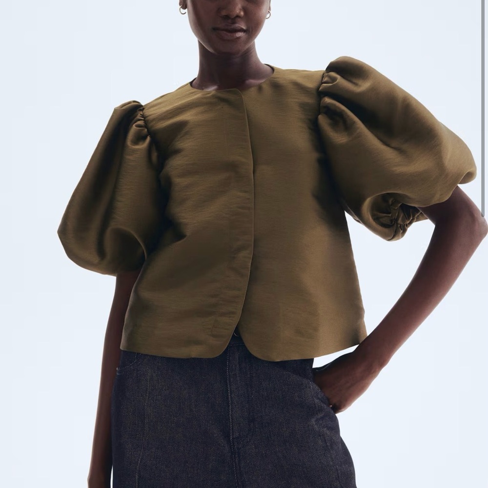ISO! Dark Olive/Dark Khaki Puff-Sleeve Structured Blouse - Women